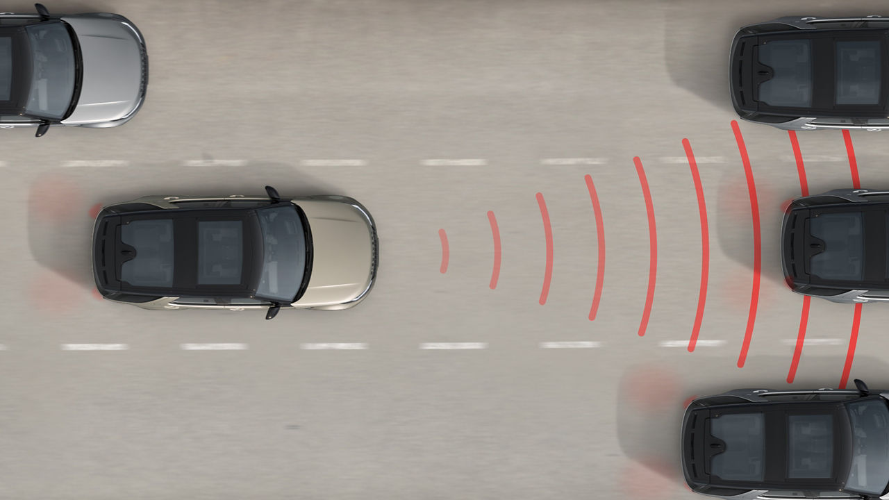Discovery on road with red radar pointing at the cars in front