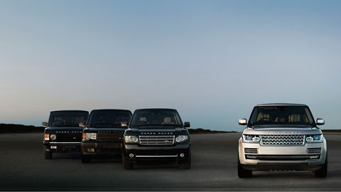 four Range Rover vehicles front view