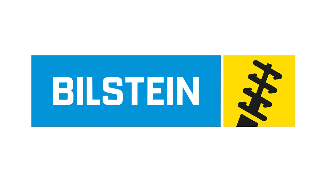 Bilstein logo with white text on a blue background and a yellow section featuring a black spring graphic.
