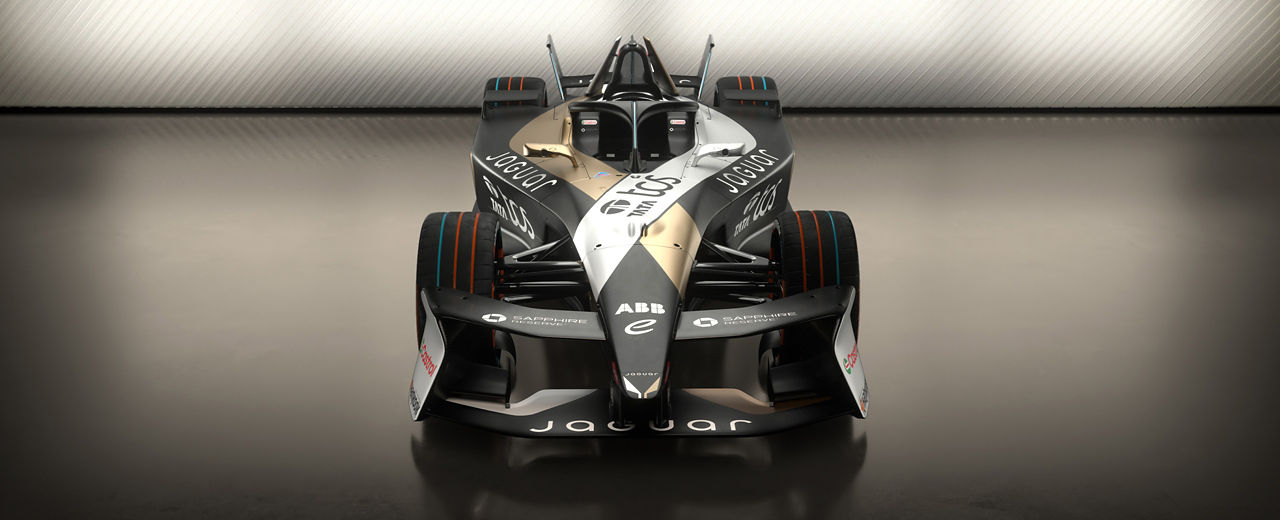 Front view of a Jaguar Racing Car showing front wing, and sponsor logos.