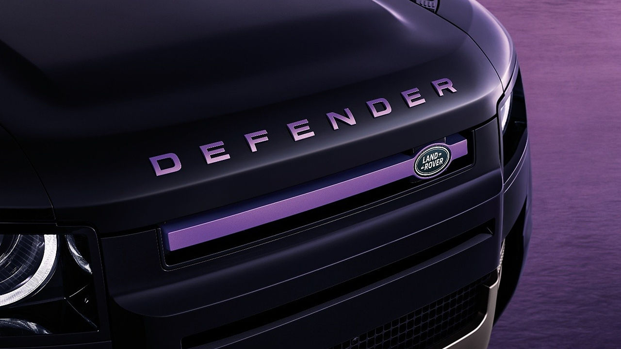 The DEFENDER lettering on the hood of the Land Rover Defender 90 British Voice Special Edition is in purple