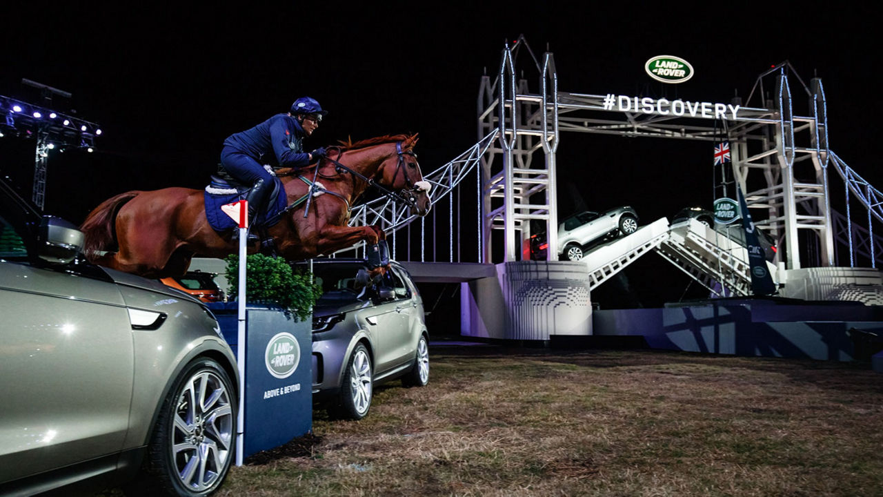 Horse rider jumping over Land Rover Discovery Installation 