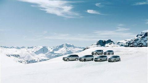 Land Rover vehicles in mountain landscape