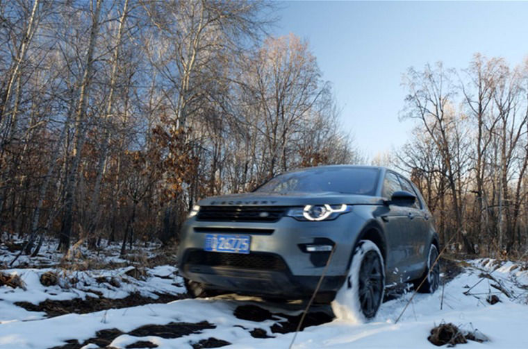 Land Rover Discovery driving through snowy forest