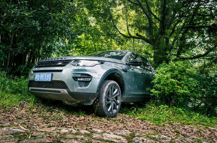 Land Rover Discovery parked in forest