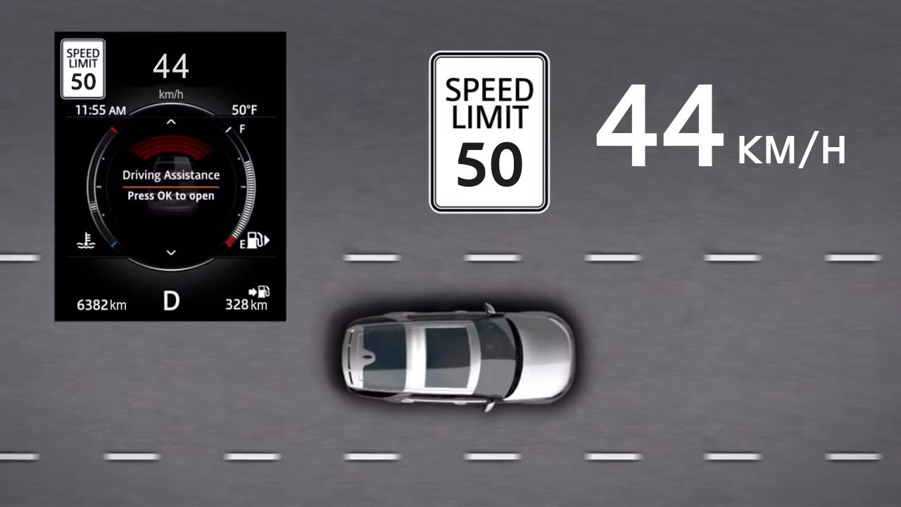 Car in road with traffic sign recognition and speed limit