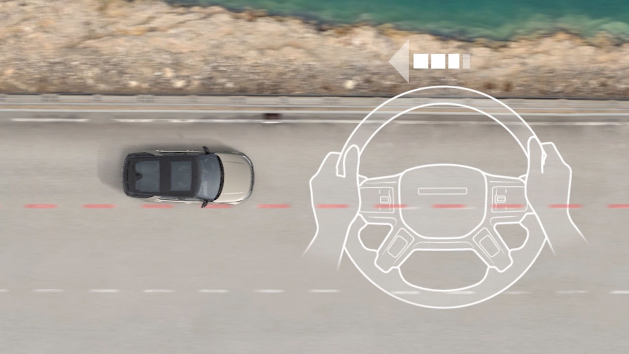 Birds eye view of a Discovery a red dash line horizontal across the road, Drawing of a steering wheel with an arrow above it to the right of the car